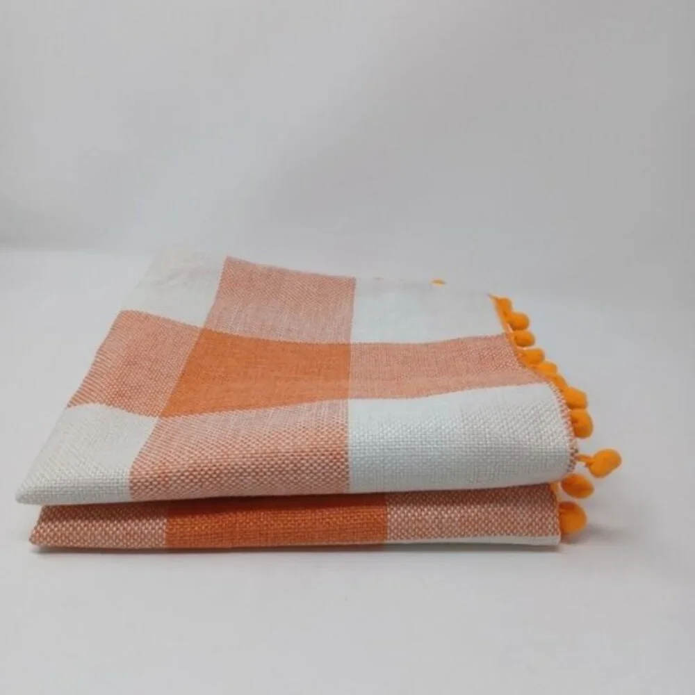 Set of 2 Decorative Plaid Throw Pillow Covers with Pom Poms | 18x18